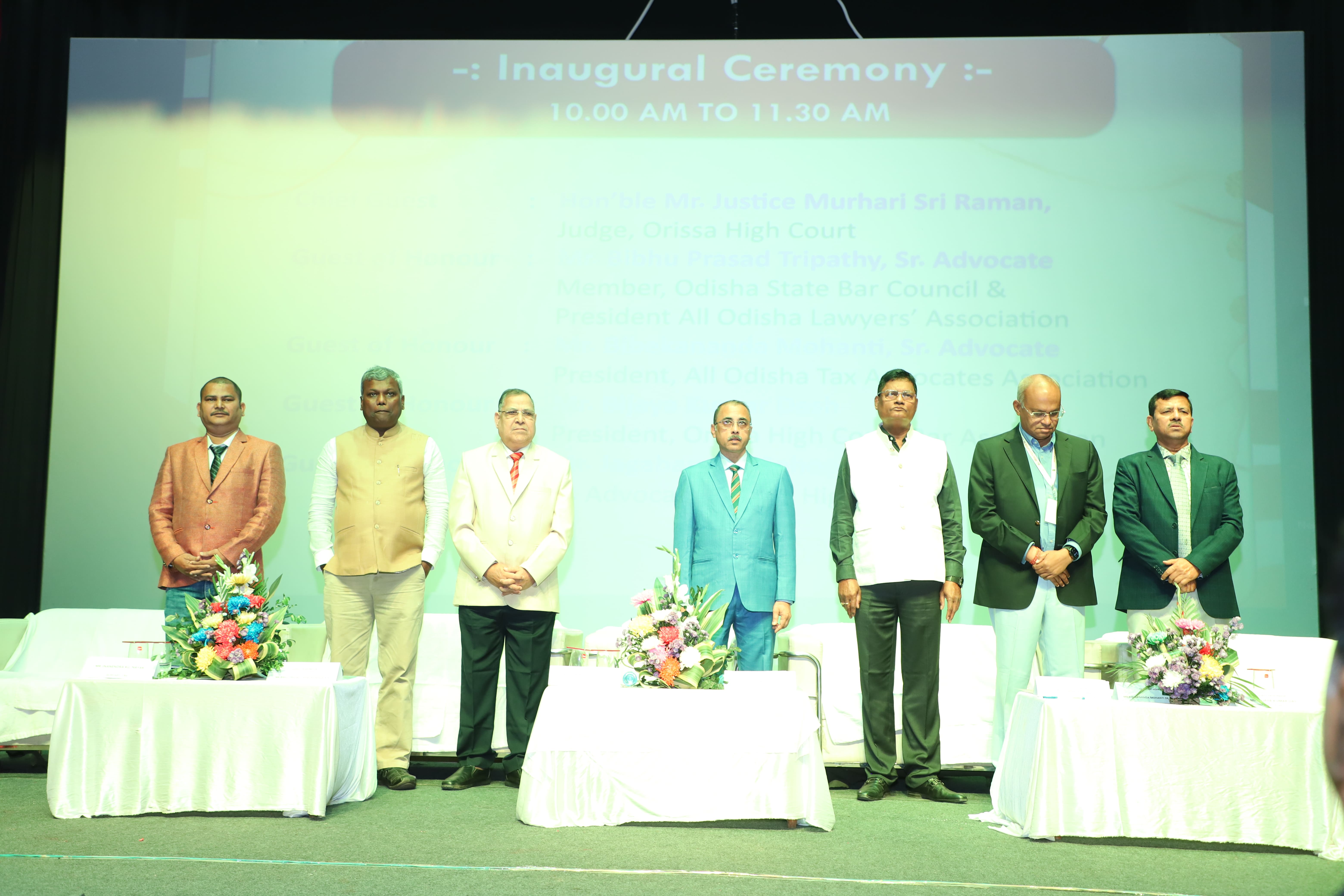 Inauguration Session: Seen from Left to Right S/Shri Jnanendra Kumar Nayak, Conference Secretary, Bibhu Prasad Tripathy, Member, Odisha State Bar Council & President, All Odisha Lawyer's Association, Bijaya Kumar Dash, President, Orissa High Court Bar Association, Hon'ble Mr. Justice Murhari Sri Raman, Judge, Orissa High Court, Jagabandhu Sahoo, Sr. Advocate, Bibekananda Mohanti, President, All Odisha Tax Advocates Association and Bibekananda Mohanty, Conference Chairman.