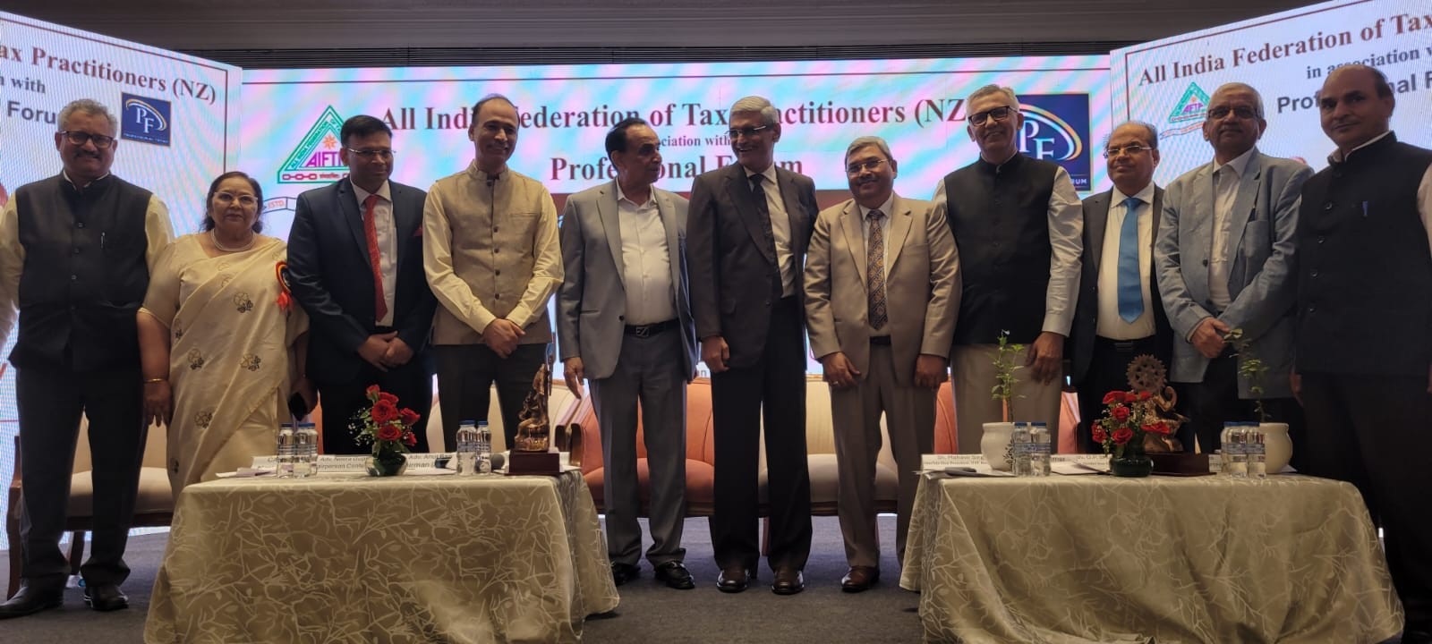 Left to Right: 1. Adv. Arvind Mishra, NEC Member 2. Adv. Neera Gupta, Conference Chairman 3. Adv. Anuj Bansal, Chairman AIFTP-NZ 4. ITAT Member 5. CA (Dr.) Girish Ahuja, Speaker 6. Sh. Mahavir Singh, Vice-President ITAT 7. Sh. Rajesh Jain, GSTAT Member 8. Adv. Sanjay Kumar, Dy. President, AIFTP 9. Adv. O. P. Shukla, Co-Chairman Golden Year Committee, AIFTP 10. CA A.K. Srivastava, National Vice President, AIFTP 11. Adv. B. S. Baghel, Executive Member, AIFTP-NZ